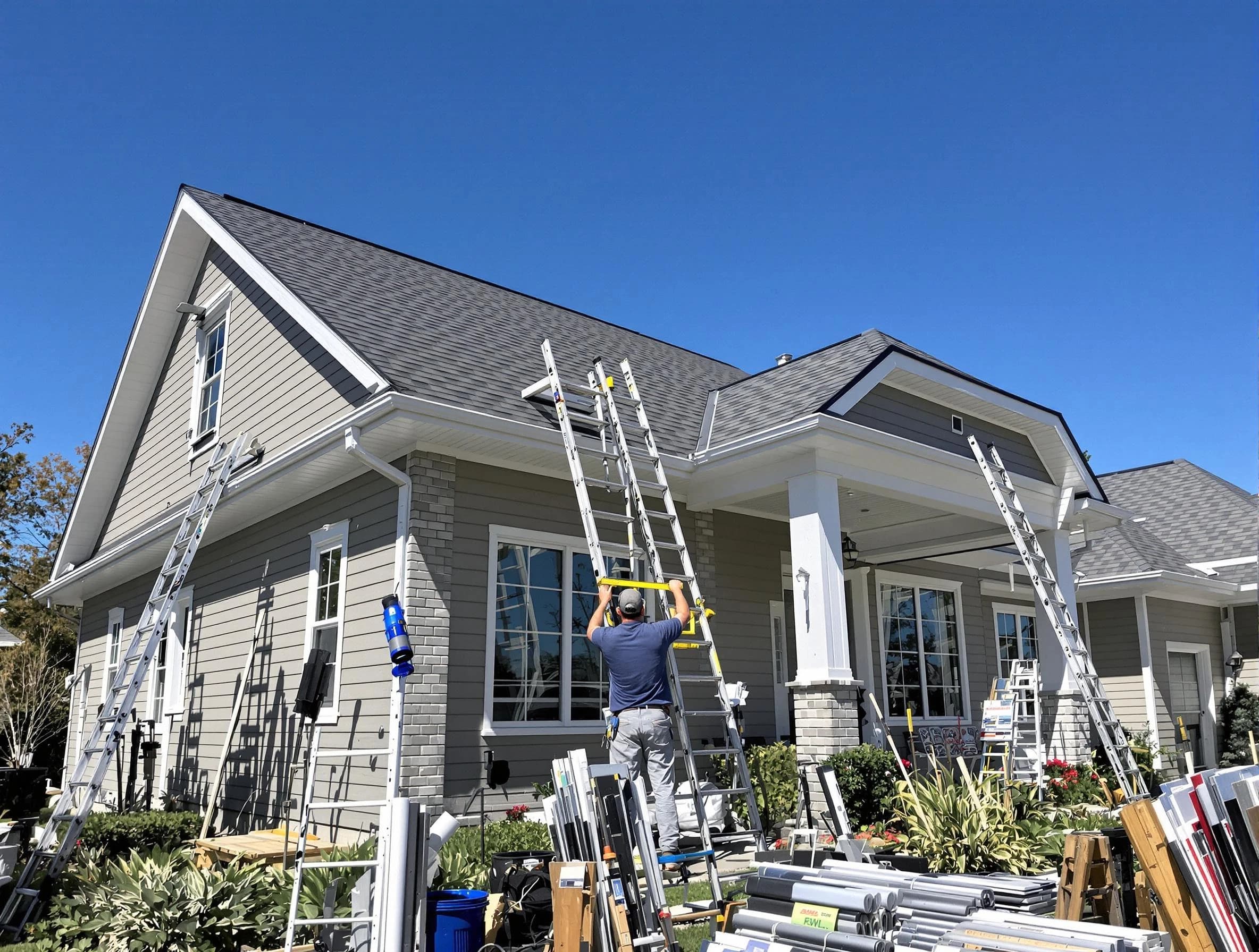Lyndhurst Roofing Company fitting rain gutters at a home in Lyndhurst, OH
