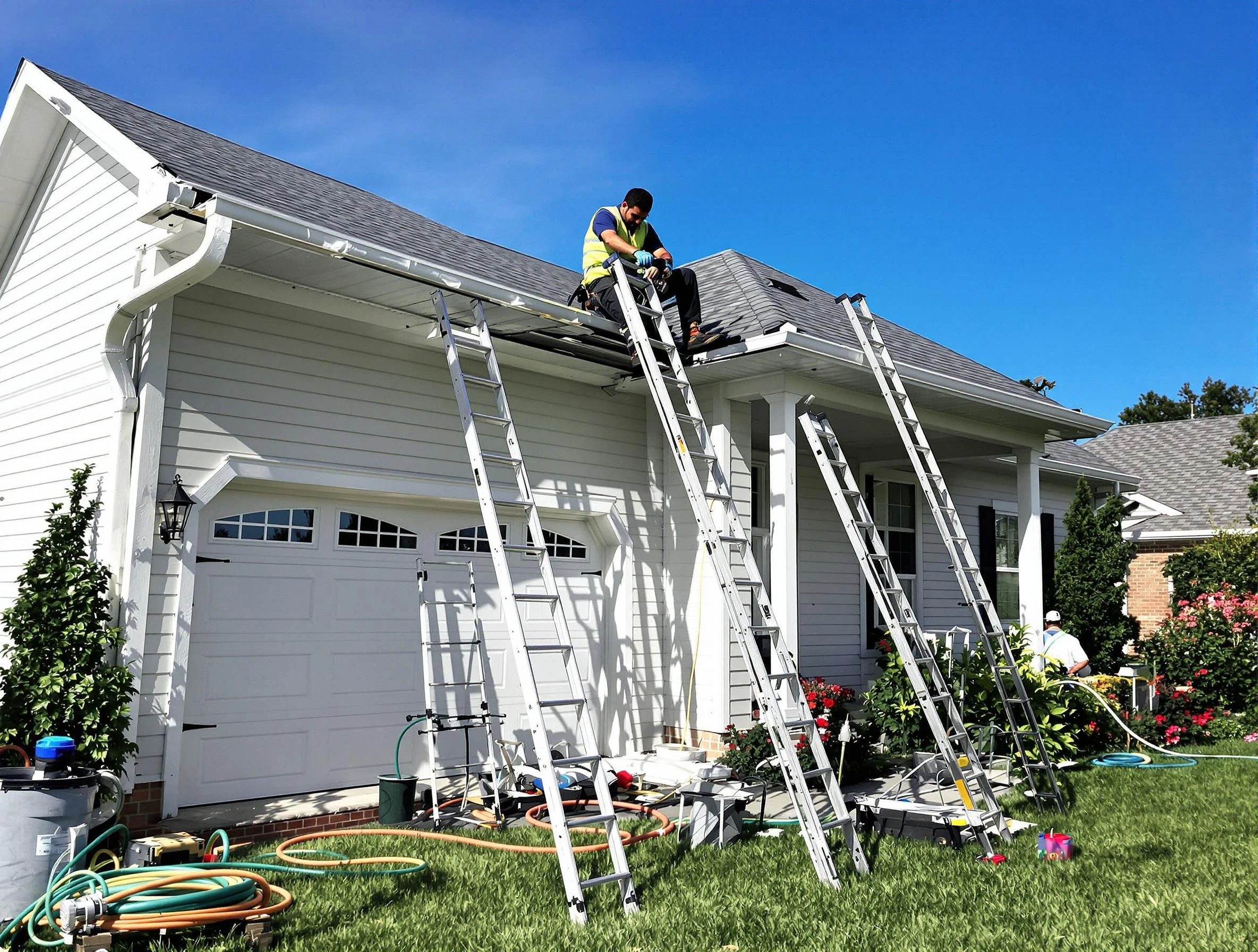 Removal of old gutters by Lyndhurst Roofing Company to install new system in Lyndhurst, OH